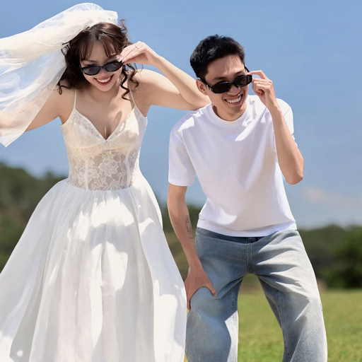 The couple wear sunglasses and play with a veil on the grass at Cây Thông Cô Đơn, Đà Lạt