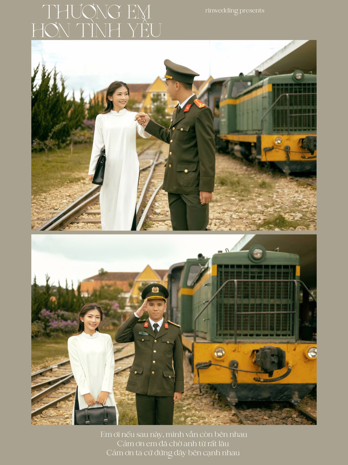 A collage of the couple in a white áo dài and military uniform before a locomotive at Ga Đà Lạt.