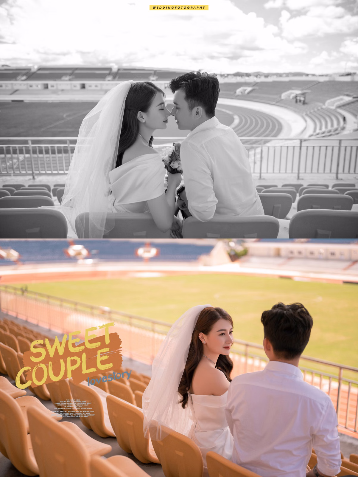 Collage of a couple looking at each other in the stands at Sân Vận Động Đà Lạt.