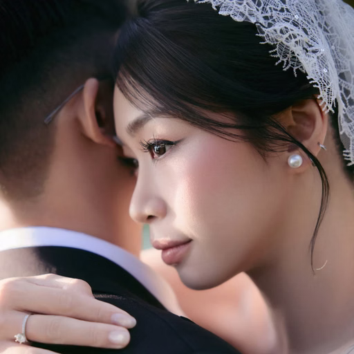 Cận cảnh cô dâu tựa lên vai chú rể, khăn voan phủ nhẹ trên tóc.