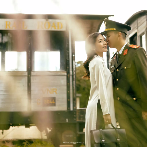 The bride in a white áo dài leans beside the groom in military uniform at Ga Đà Lạt.