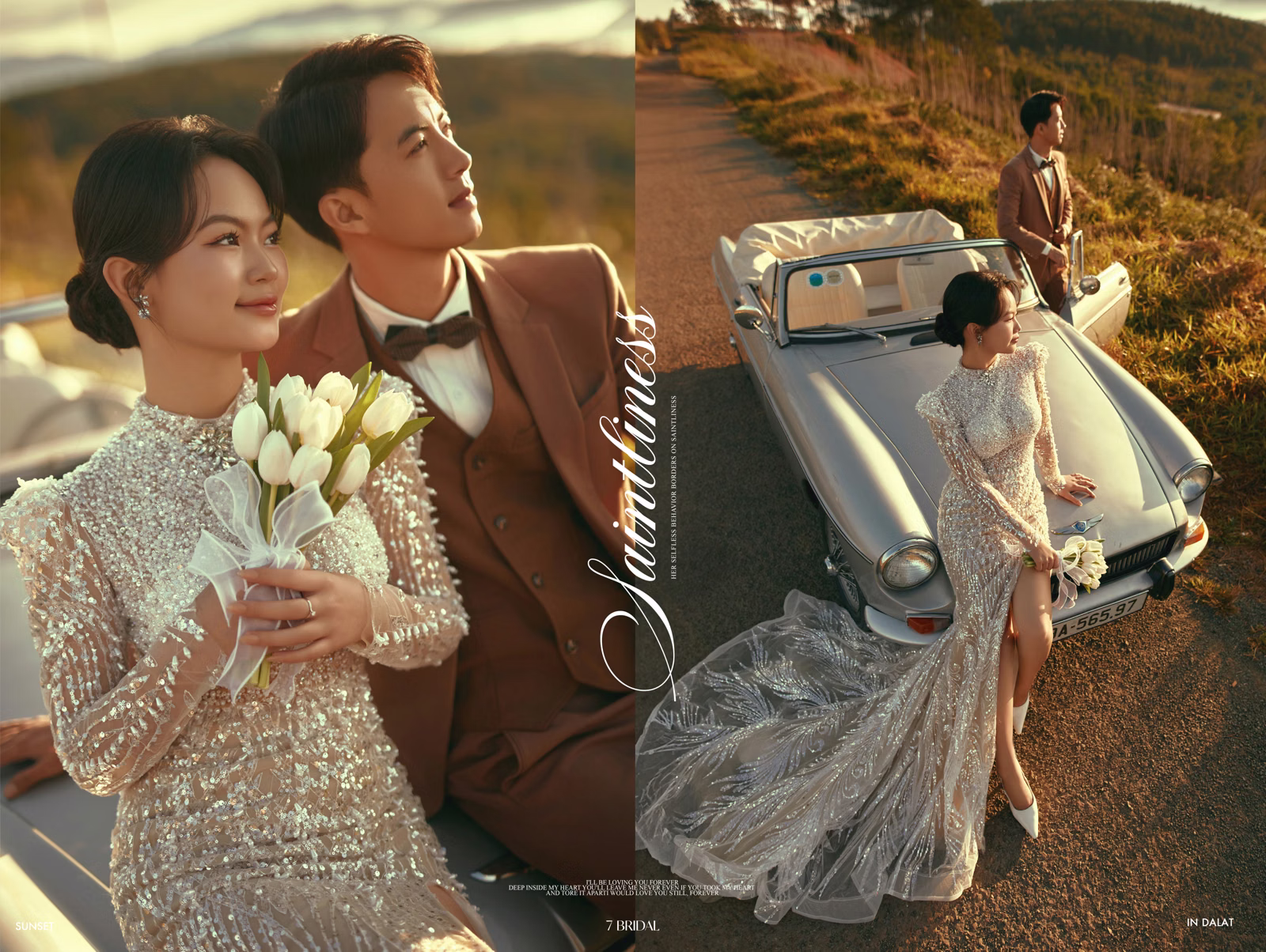 A collage of the bride, groom and vintage car in sunlight at điện gió Cầu Đất