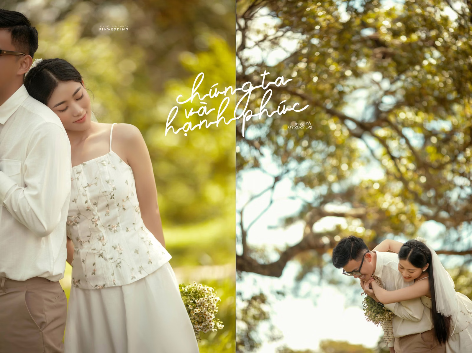 A collage of the bride resting on the groom's shoulder and riding on his back in a garden.