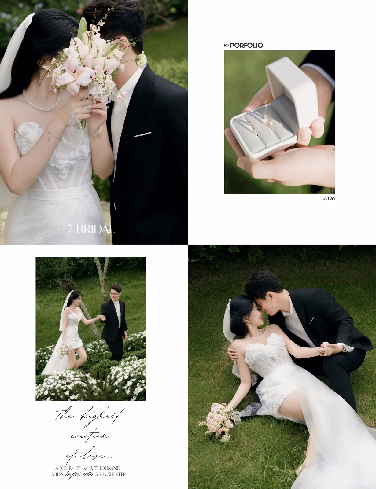Photo collage of wedding rings and the bride and groom in a Da Lat café garden.