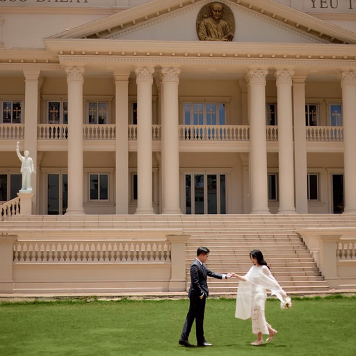 The groom raises the bride's hand on the lawn at Nhà thờ Don Bosco
