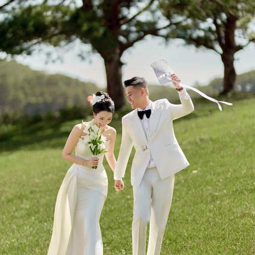 A couple in white outfits play with a veil beneath a pine at Cây Thông Cô Đơn, Đà Lạt
