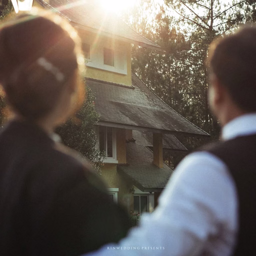 Rear view of the couple looking toward a sunlit villa.