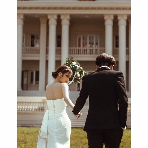 The bride and groom hold hands walking toward Nhà thờ Don Bosco