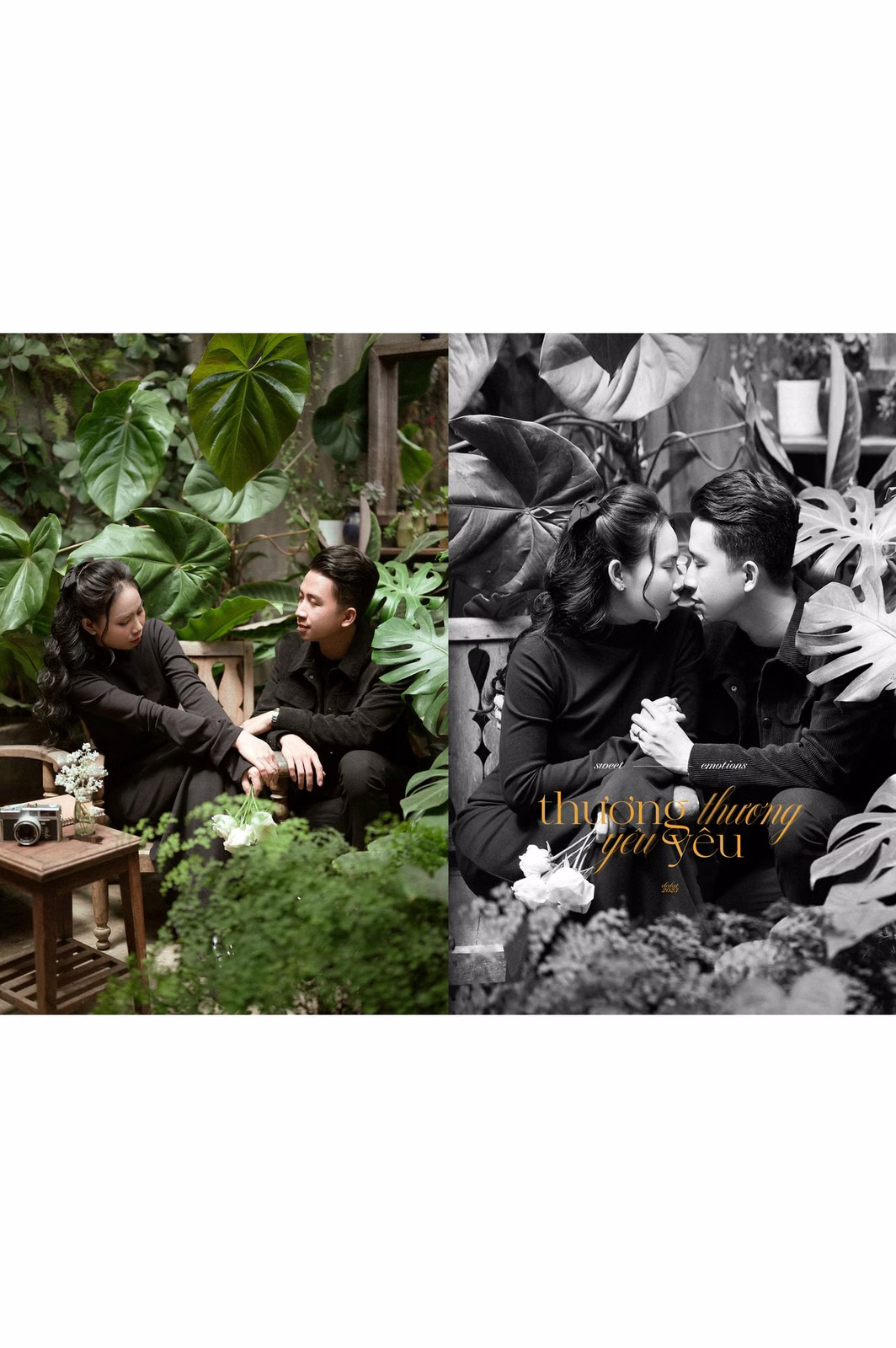 Collage of the couple seated in a café garden with white flowers.