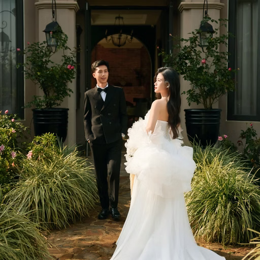 A couple stands before an arched doorway, with a white dress train spread along the path, at The Nest, Đà Lạt