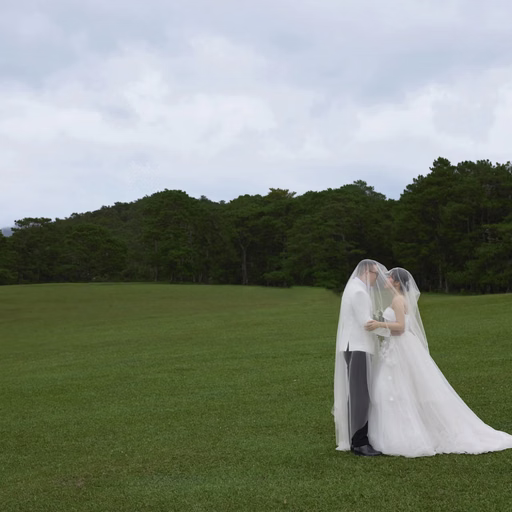 The couple standing close beneath a veil on the expansive lawn at Cây Thông Cô Đơn, Da Lat