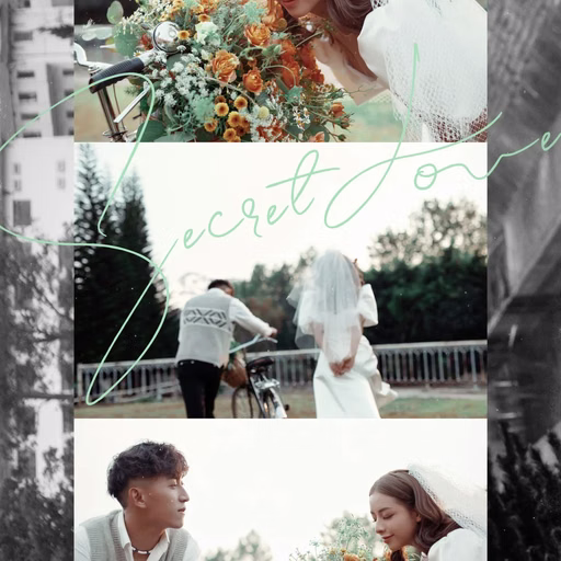Black-and-white and color collage of a couple beside a flower-decorated bicycle.
