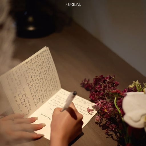 Close-up of a hand writing a message beside a wedding bouquet.