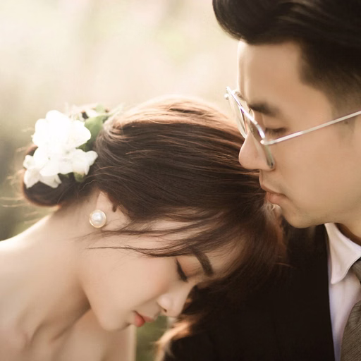 The groom kissing the bride’s hair in soft sunlight in the resort garden.