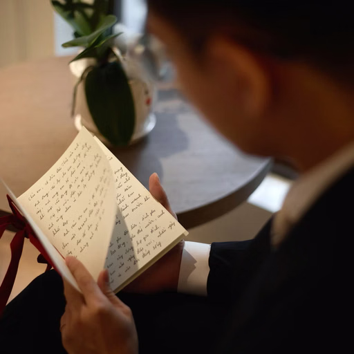 The groom reads a letter beside a dressing table at a Đà Lạt resort.
