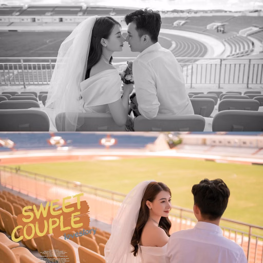 Collage of a couple looking at each other in the stands at Sân Vận Động Đà Lạt.