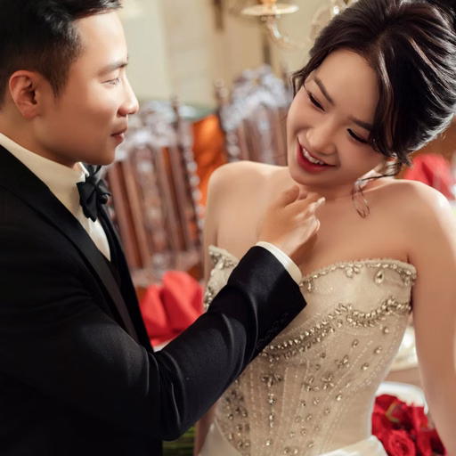 A groom gently touches the bride's shoulder in a classic interior.