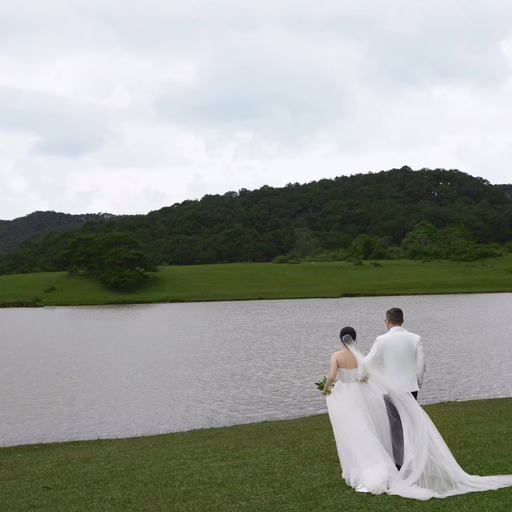 The couple look away toward the lake and pine hills at Cây Thông Cô Đơn, Đà Lạt