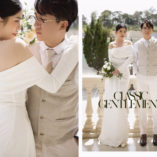 A collage of portraits and full-length photographs of the bride and groom at Nhà thờ Don Bosco