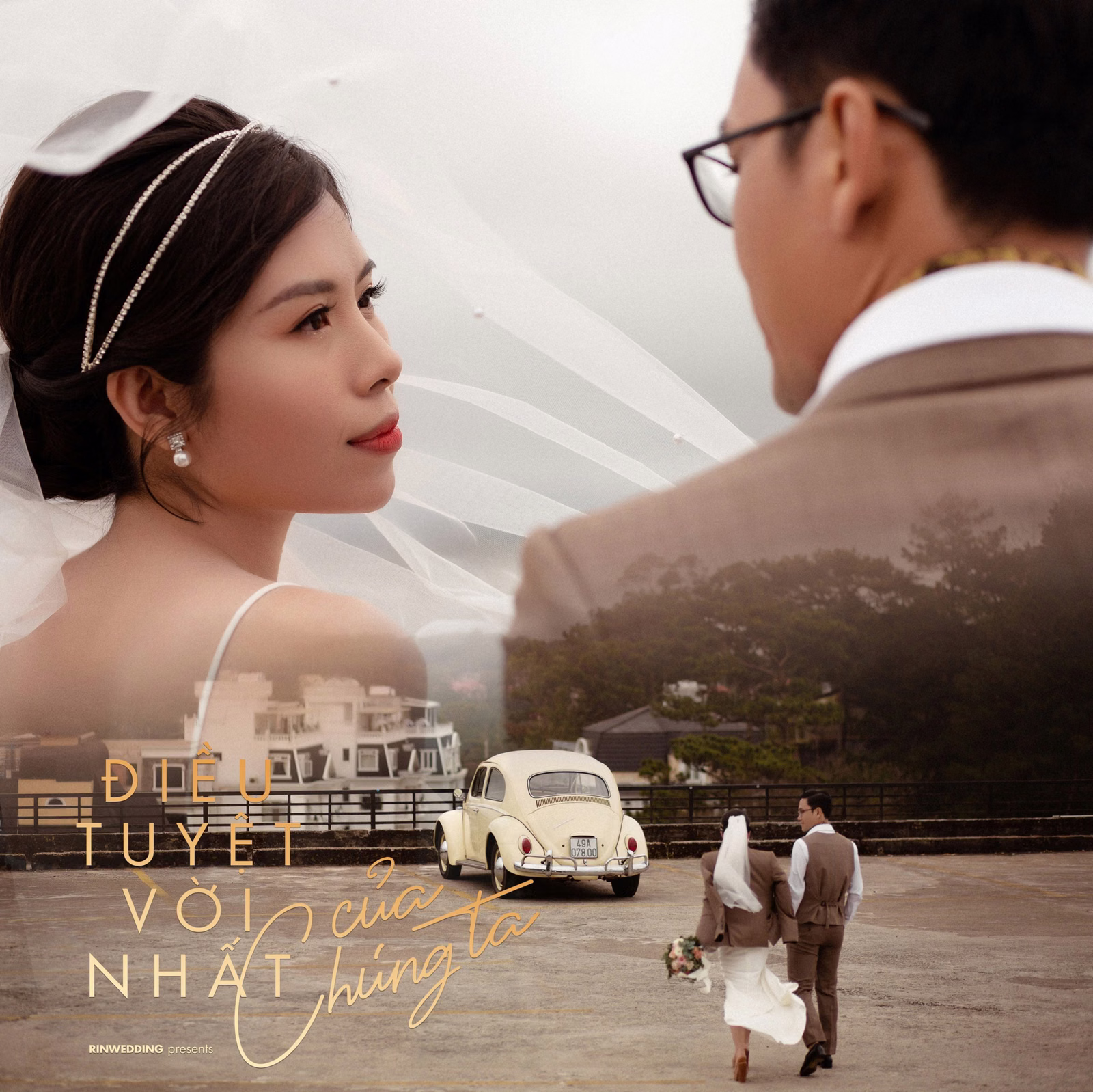 Photo collage of the bride’s veiled portrait and the couple beside a vintage car.