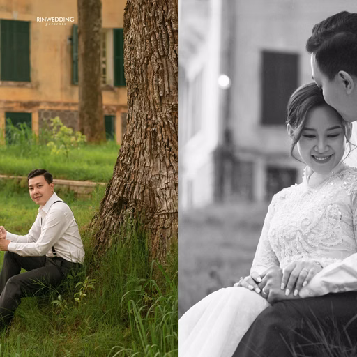 Collage of the groom beside a tree trunk and the couple leaning together.