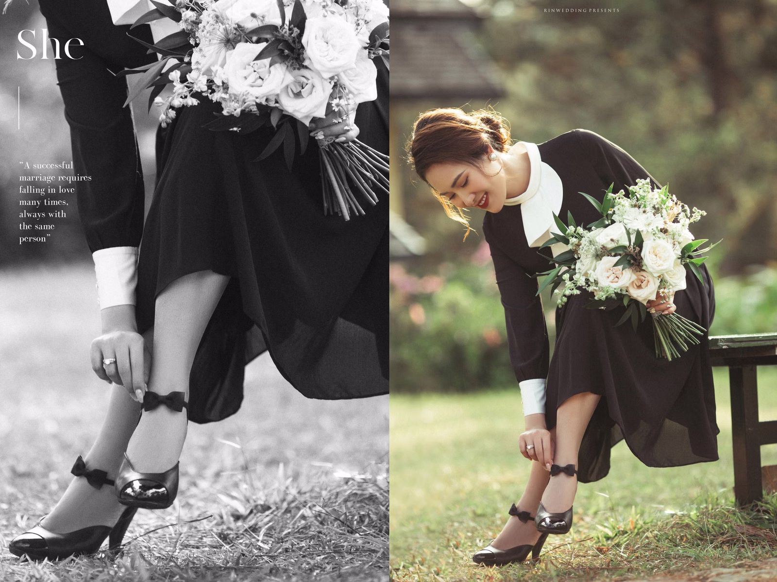 Collage of bridal portraits in a black dress holding white flowers.