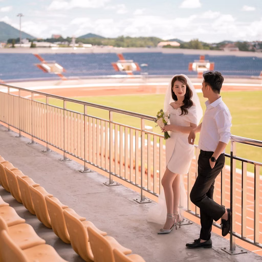 The couple leans on a railing overlooking Sân Vận Động Đà Lạt.