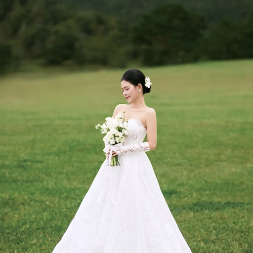 A bride holding a white bouquet on a meadow at Cây Thông Cô Đơn, Đà Lạt