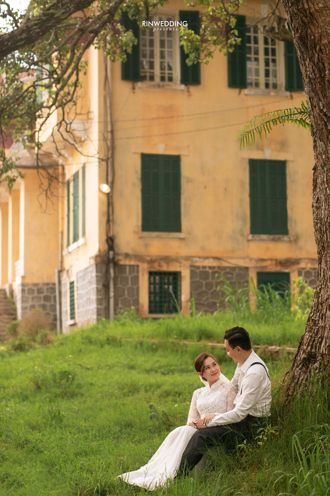The bride and groom sit beneath a tree before a yellow mansion.