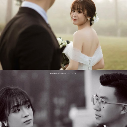Photo collage of bride and groom portraits in the resort grounds.