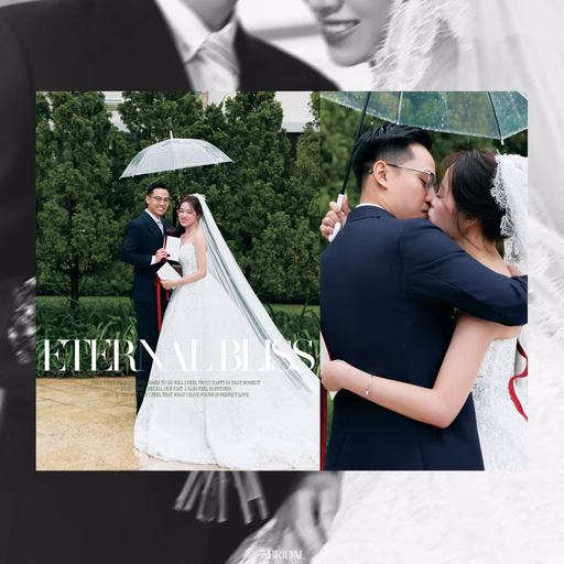 Photo collage of the bride and groom embracing and kissing beneath a clear umbrella.