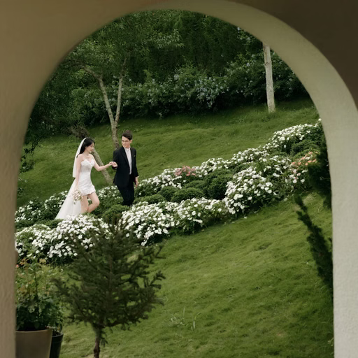 The bride and groom holding hands among white flowers, viewed through a café arch.