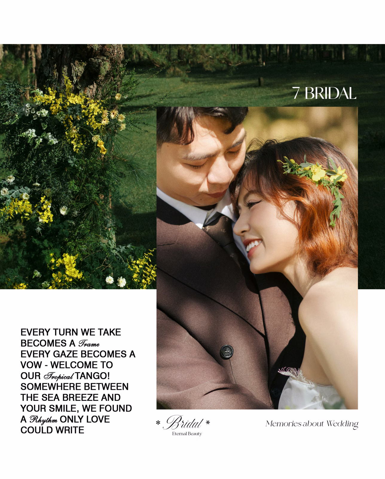 Collage of yellow flowers and the bride resting her head beside the groom at Rừng Thông Đôi