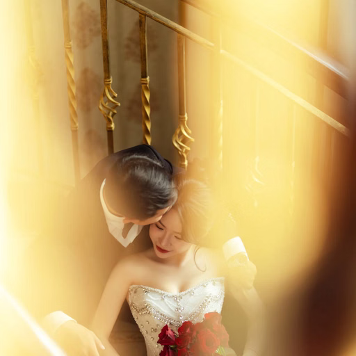 The bride holds red flowers in a shaft of golden sunlight by a window.