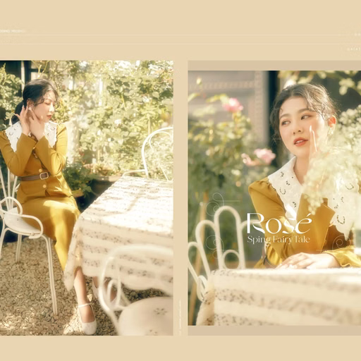 Collage of a woman in a yellow dress sitting at a tea table amid greenery in a Đà Lạt café.