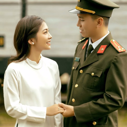 The couple holding hands and looking at each other beside a carriage at Ga Đà Lạt.