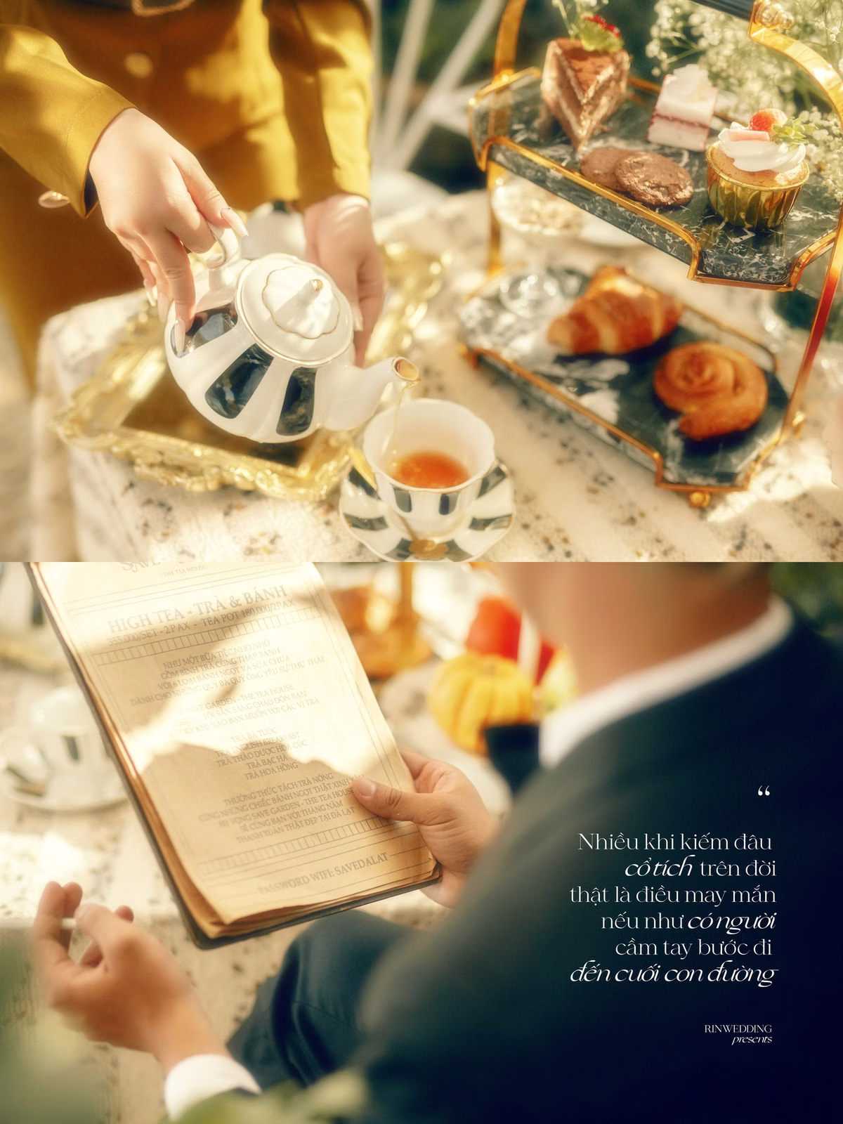 Collage of a tea and cake table and the couple's hands at a Đà Lạt café.