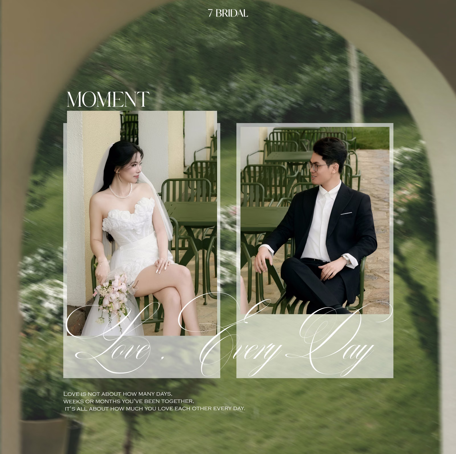 A collage of the bride and groom seated on a veranda against a green arch backdrop.
