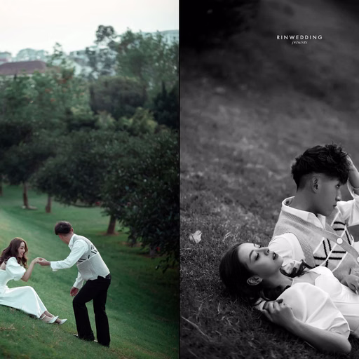 A collage of a couple playing on the lawn at Công Viên Ánh Sáng.