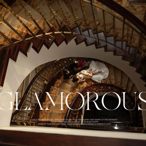 A wedding photograph of the couple on a spiral staircase, with decorative lettering.