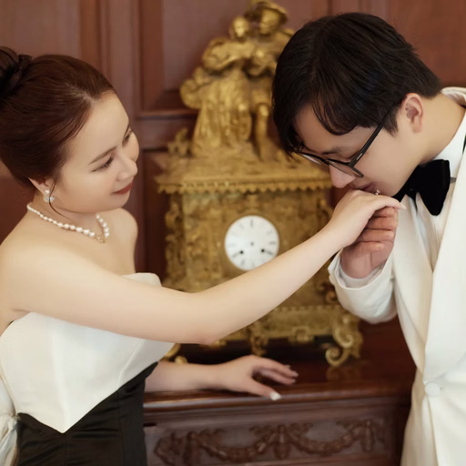 The groom kissing the bride's hand beside an antique clock.