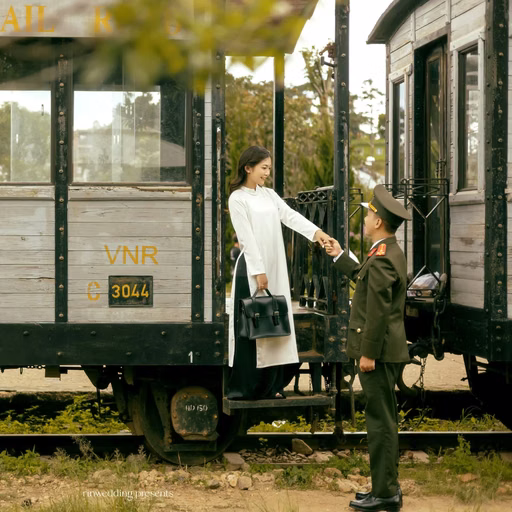 The couple stands beside a historic carriage doorway at Ga Đà Lạt.