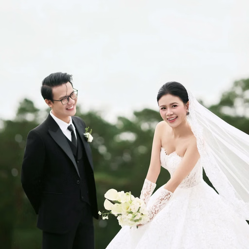 The bride smiles while holding the groom's hand on the grass at Cây Thông Cô Đơn, Đà Lạt