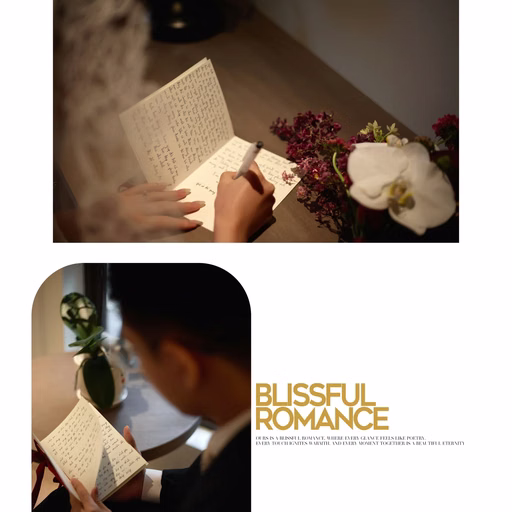 Collage of letter-writing and letter-reading details beside wedding flowers.