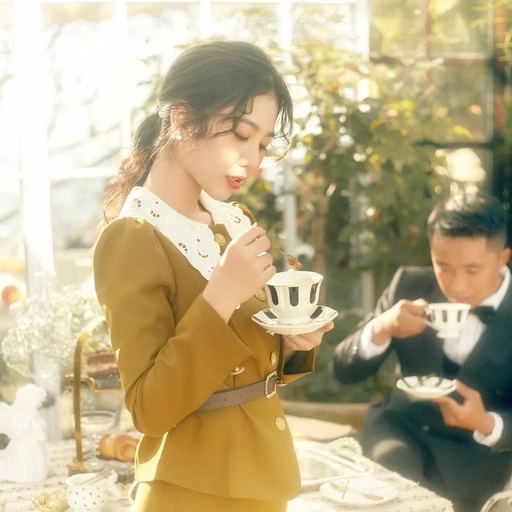 A woman in a yellow dress raising a teacup beside a man in a suit in a sunlit café.