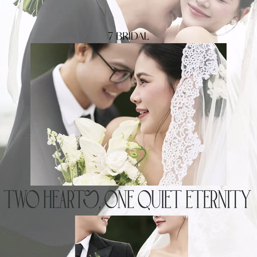 Collage of a couple embracing and a wedding bouquet, with decorative lettering at Cây Thông Cô Đơn, Đà Lạt