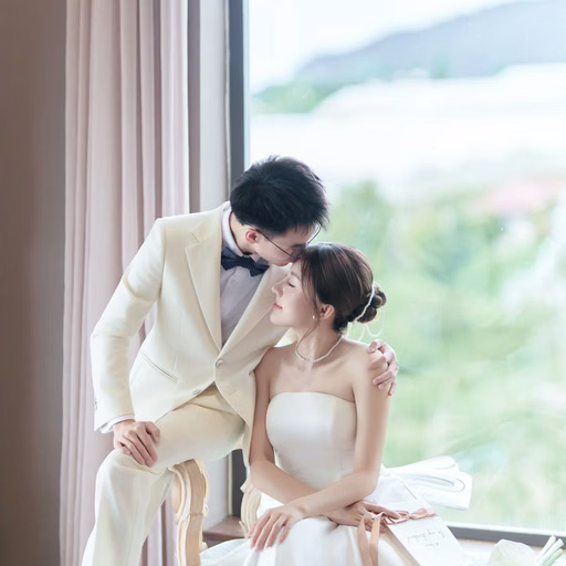 A groom leans down to kiss a bride reading beside a window at The Nest, Đà Lạt