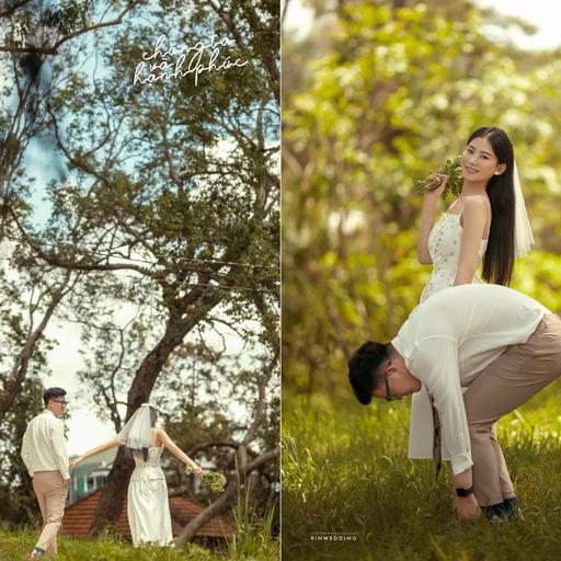 A collage of the couple holding hands and playing in a garden.