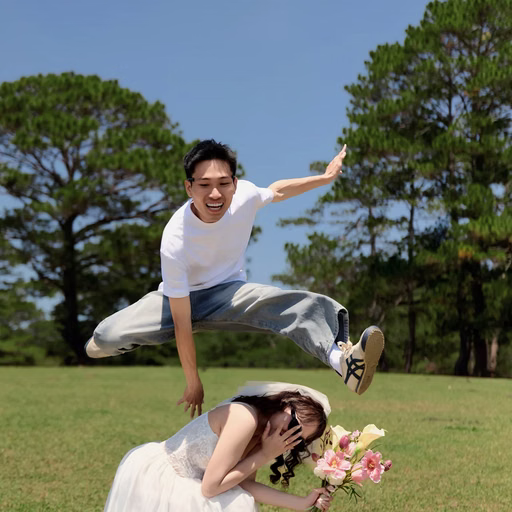 The groom jumps over the bride seated on the grass at Cây Thông Cô Đơn, Đà Lạt