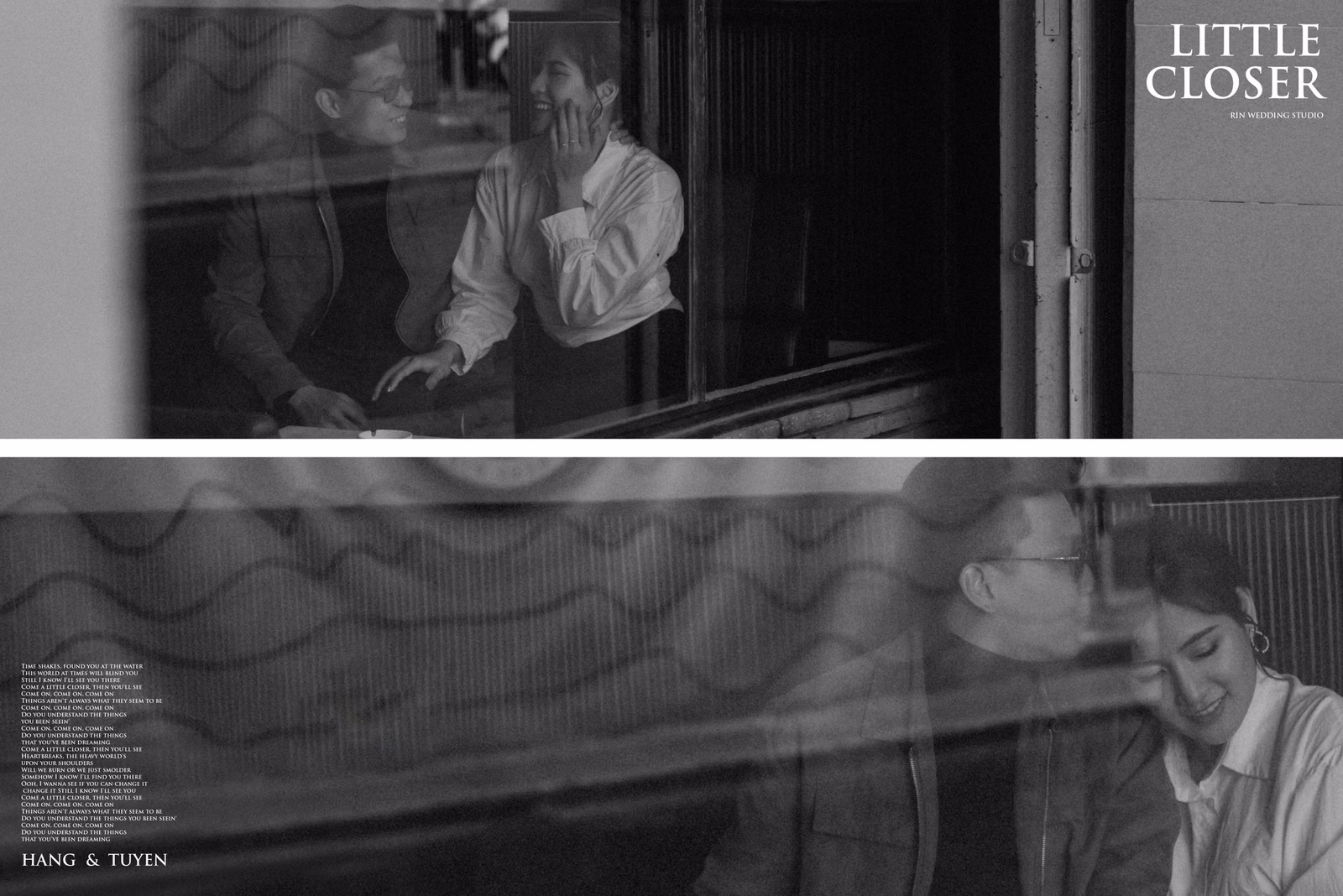 Black-and-white collage of a couple beside a Đà Lạt café window.